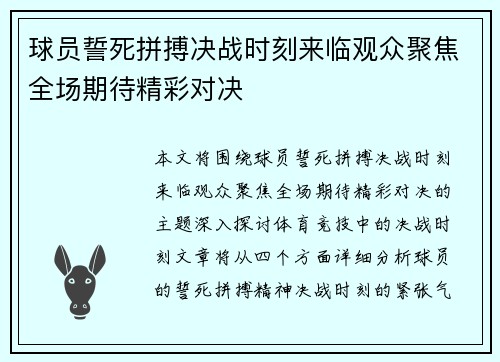 球员誓死拼搏决战时刻来临观众聚焦全场期待精彩对决