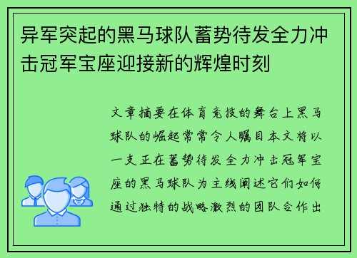 异军突起的黑马球队蓄势待发全力冲击冠军宝座迎接新的辉煌时刻