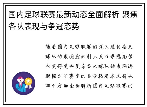 国内足球联赛最新动态全面解析 聚焦各队表现与争冠态势