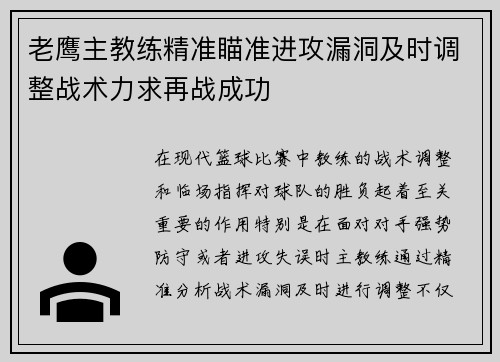 老鹰主教练精准瞄准进攻漏洞及时调整战术力求再战成功