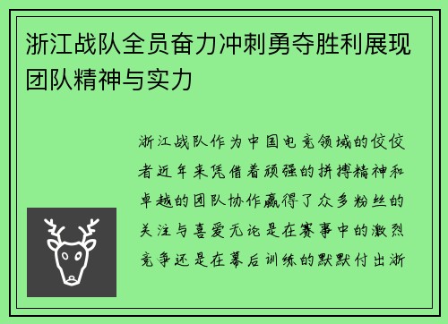 浙江战队全员奋力冲刺勇夺胜利展现团队精神与实力
