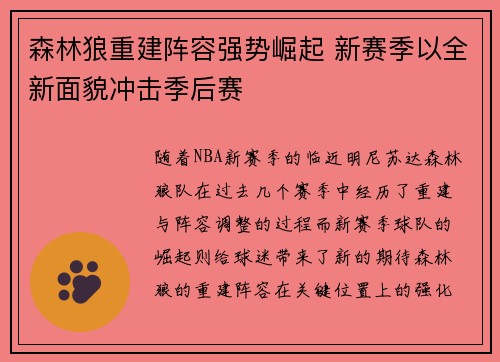 森林狼重建阵容强势崛起 新赛季以全新面貌冲击季后赛