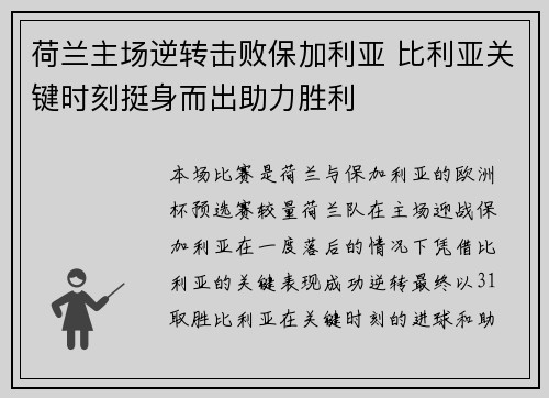 荷兰主场逆转击败保加利亚 比利亚关键时刻挺身而出助力胜利